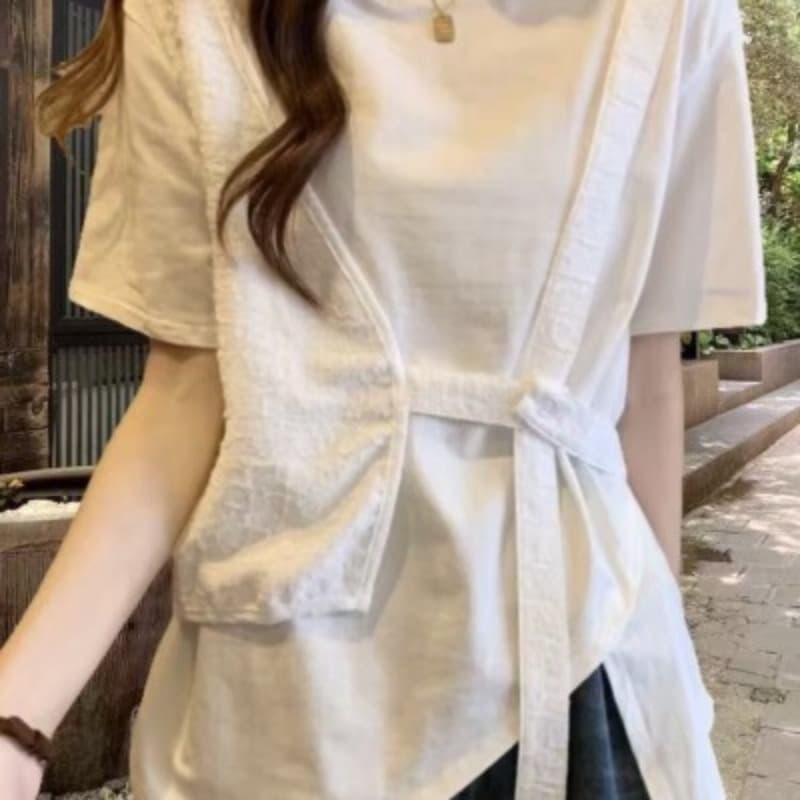 빅 사이즈 여성 의류 여름 새로운 페이크 레이어드 긍정적 인 어깨 반팔 티셔츠 지방 mm 표지 배 슬림해 보이는 불규칙 유럽 상품 맨위 이미지 5