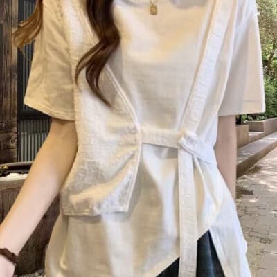 빅 사이즈 여성 의류 여름 새로운 페이크 레이어드 긍정적 인 어깨 반팔 티셔츠 지방 mm 표지 배 슬림해 보이는 불규칙 유럽 상품 맨위 상세 이미지 1