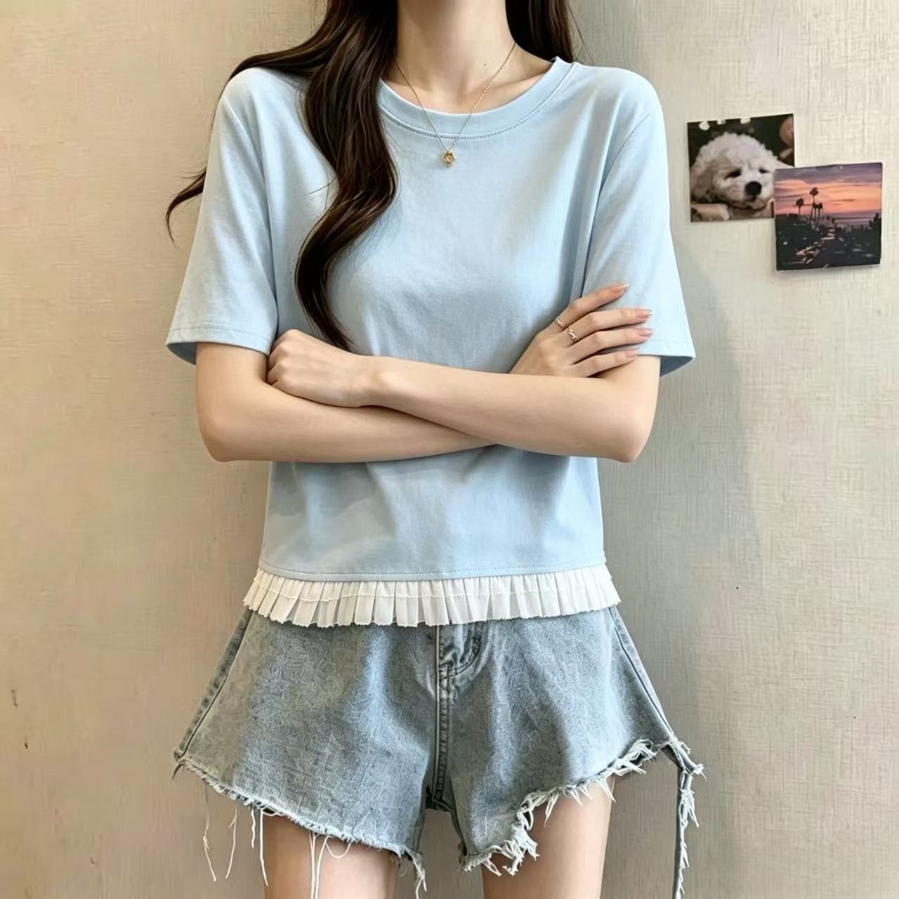 한국 동대문 2026 여름 문예 새로운 레이스 조각 반팔 티셔츠 미니멀리즘 캐주얼 라운드 넥 맨위 여성 상세 이미지 3