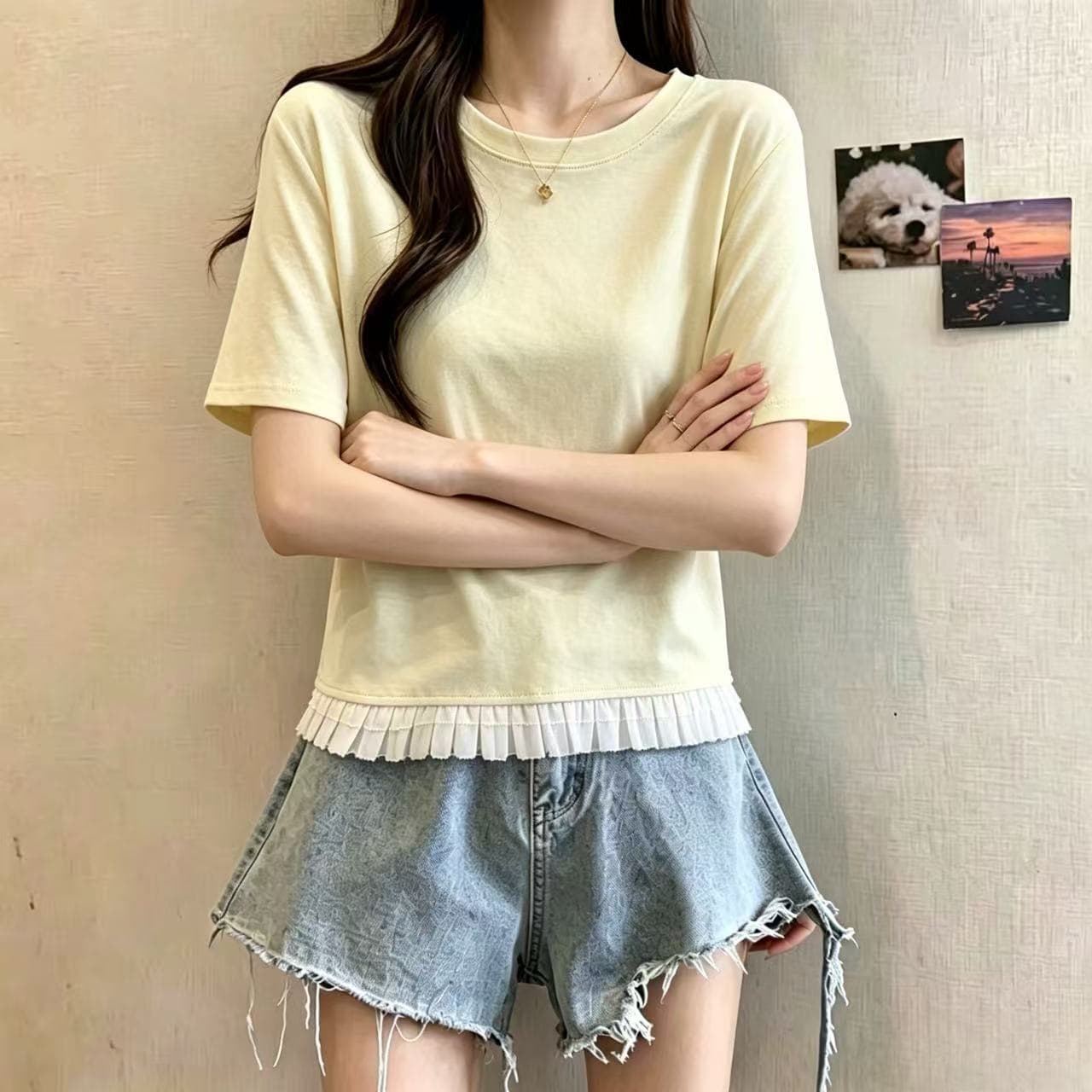 한국 동대문 2026 여름 문예 새로운 레이스 조각 반팔 티셔츠 미니멀리즘 캐주얼 라운드 넥 맨위 여성 상세 이미지 6