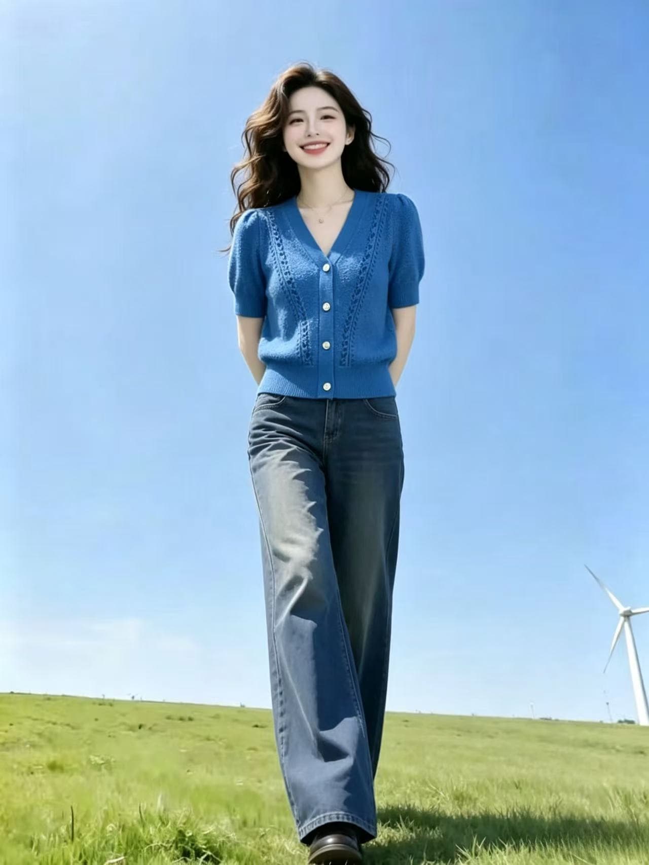 한 부서 파란색 V넥 반팔 니트 티셔츠 여성 2026 새로운 여름 고유 한 아름다운 자이언트 잘 생긴 ~ 중 오픈 가디건 맨위 상세 이미지 3