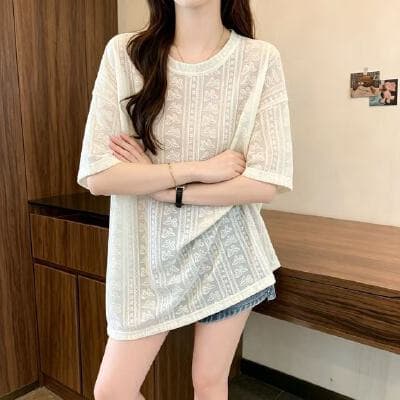 2026 여름 새로운 프랑스식 자수 반팔 레이스 셔츠 여성 빅 사이즈 지방 mm 외국 가스 연령 감소 긍정적 인 어깨 유럽 상품 맨위 이미지 4
