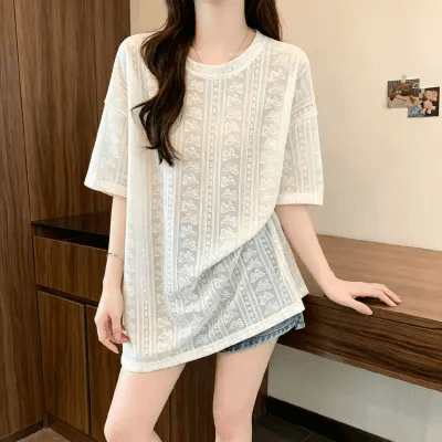 2026 여름 새로운 프랑스식 자수 반팔 레이스 셔츠 여성 빅 사이즈 지방 mm 외국 가스 연령 감소 긍정적 인 어깨 유럽 상품 맨위 상세 이미지 1