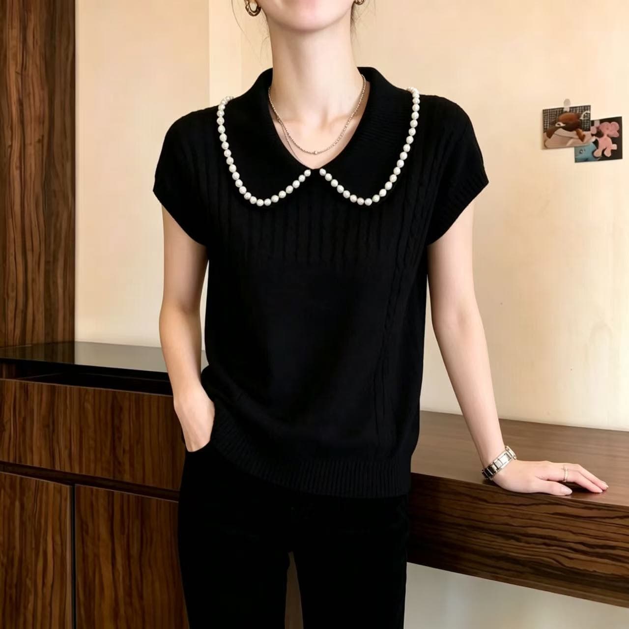 고급 센스 진주 베이비 칼라 얼음 실크 반팔 티셔츠 여성 여름 2026 새로운 홀로우 아웃 슬림해 보이는 품격 니트 맨위 상세 이미지 11