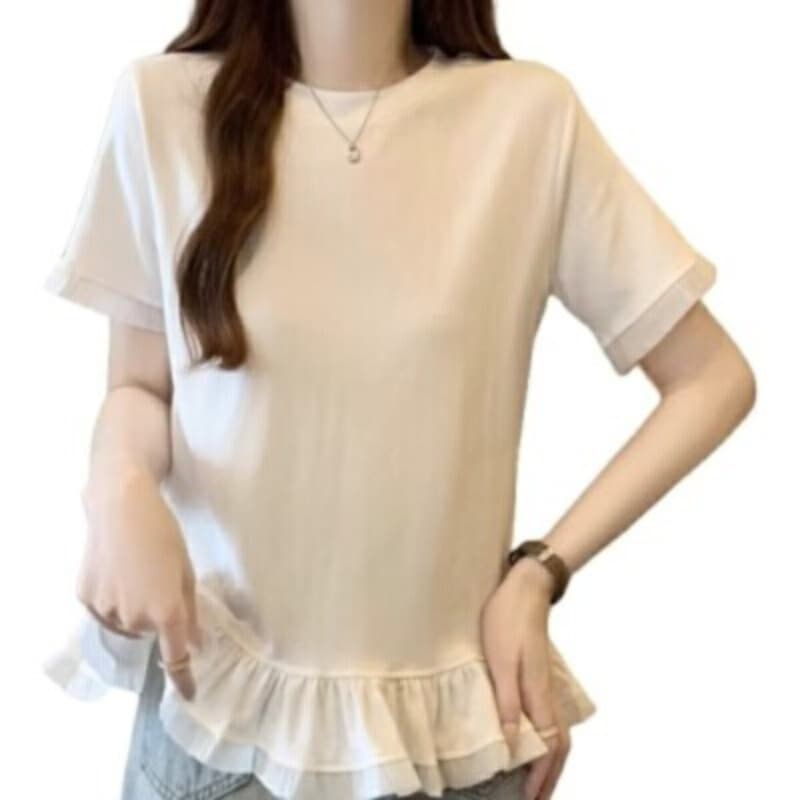 표지 배 프릴 밑단 반팔 티셔츠 여성 여름 기본 셔츠 마이크로 지방 mm 빅 사이즈 디자인 센스 레이스 맨위 이미지 5