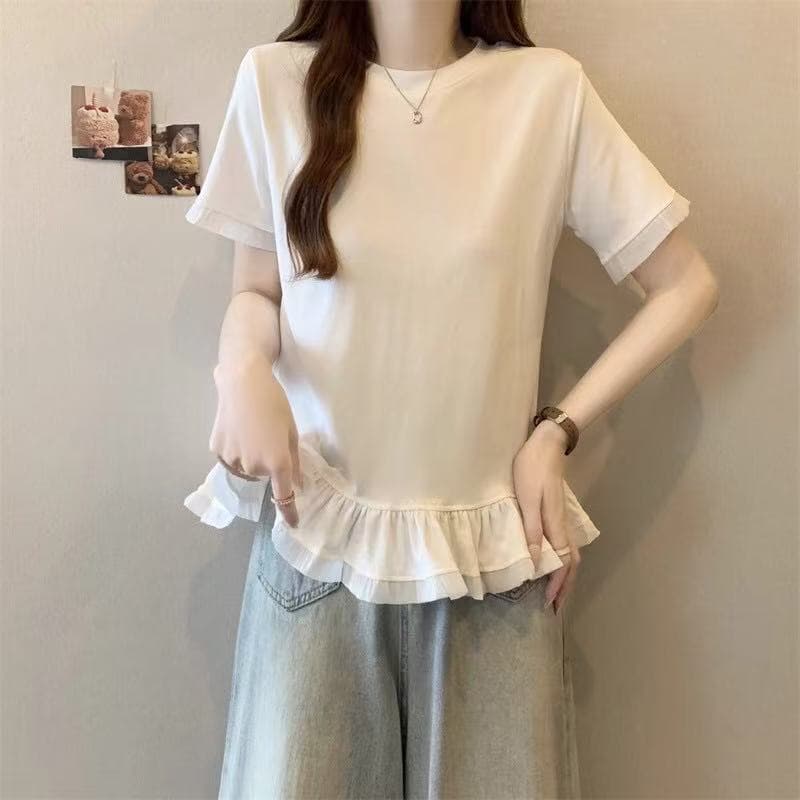 표지 배 프릴 밑단 반팔 티셔츠 여성 여름 기본 셔츠 마이크로 지방 mm 빅 사이즈 디자인 센스 레이스 맨위 상세 이미지 3