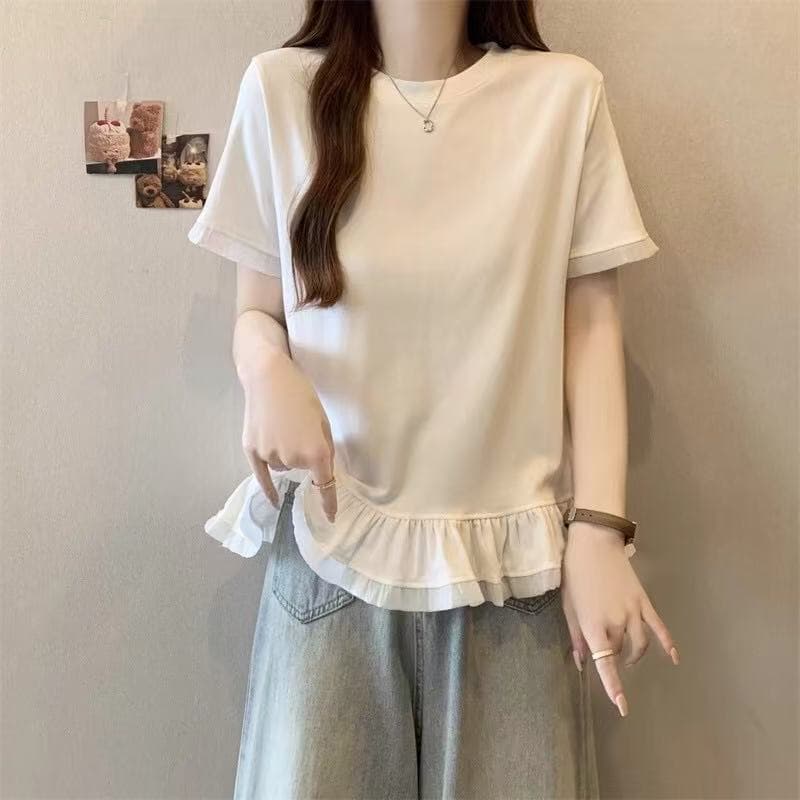 표지 배 프릴 밑단 반팔 티셔츠 여성 여름 기본 셔츠 마이크로 지방 mm 빅 사이즈 디자인 센스 레이스 맨위 상세 이미지 4