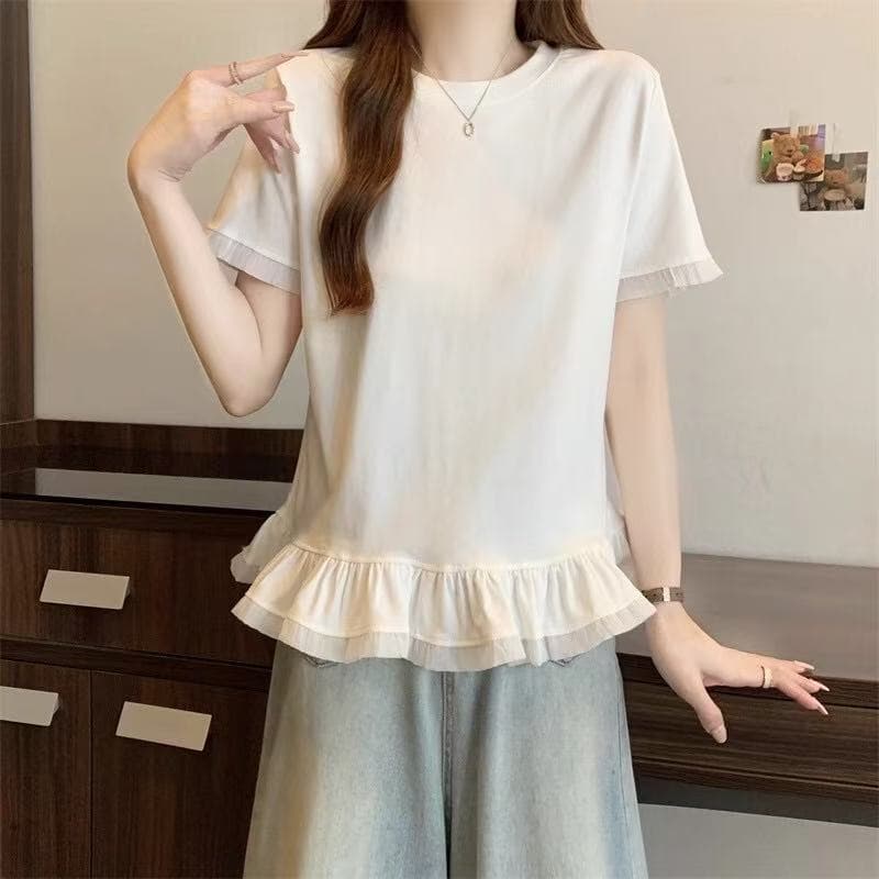 표지 배 프릴 밑단 반팔 티셔츠 여성 여름 기본 셔츠 마이크로 지방 mm 빅 사이즈 디자인 센스 레이스 맨위 상세 이미지 6