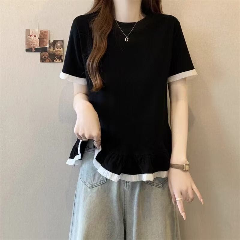 표지 배 프릴 밑단 반팔 티셔츠 여성 여름 기본 셔츠 마이크로 지방 mm 빅 사이즈 디자인 센스 레이스 맨위 상세 이미지 12