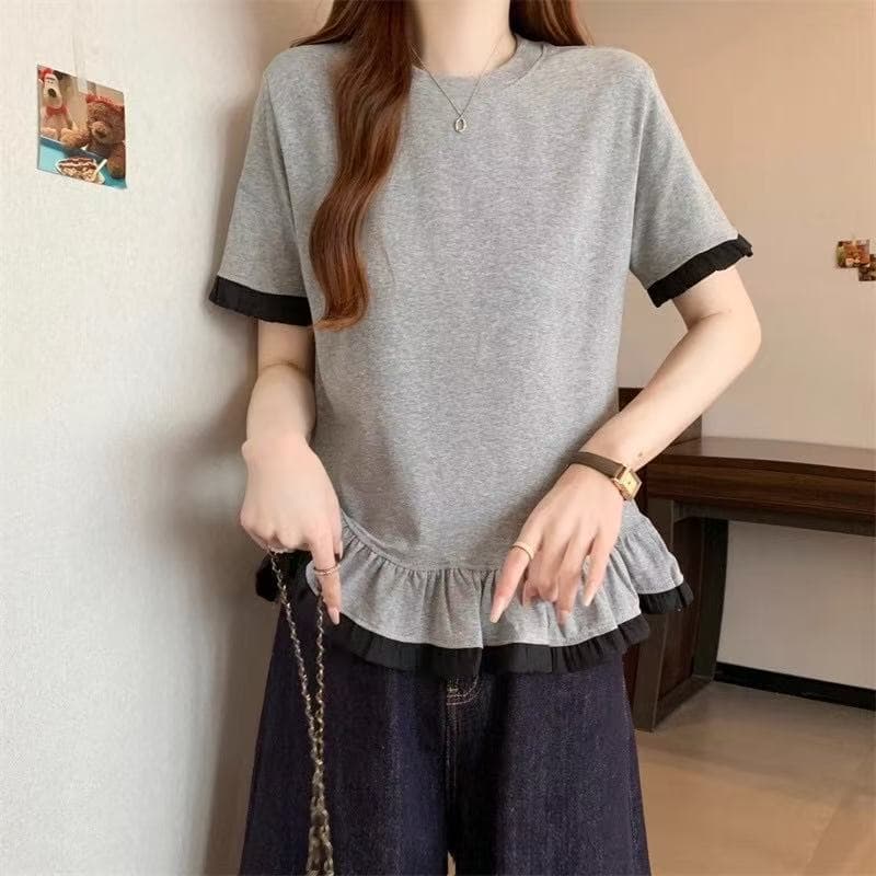 표지 배 프릴 밑단 반팔 티셔츠 여성 여름 기본 셔츠 마이크로 지방 mm 빅 사이즈 디자인 센스 레이스 맨위 상세 이미지 21