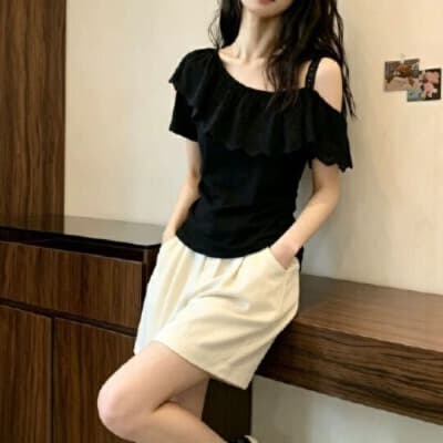 프랑스식 비스듬한 어깨 레이스 반팔 티셔츠 여성 2026 새로운 여름 빅 사이즈 지방 mm 슬림해 보이는 자이언트 잘 생긴 오프숄더 맨위 이미지 2
