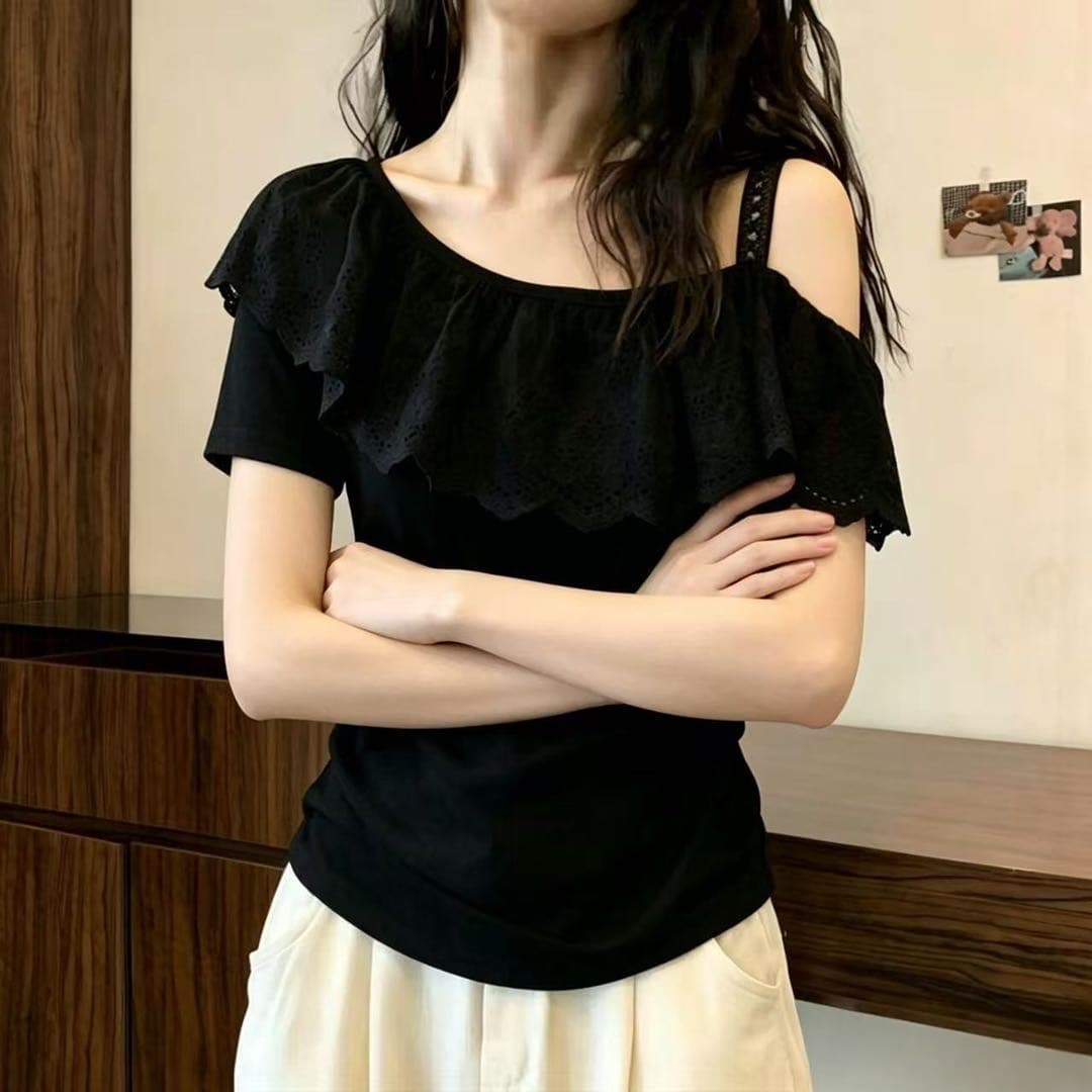 프랑스식 비스듬한 어깨 레이스 반팔 티셔츠 여성 2026 새로운 여름 빅 사이즈 지방 mm 슬림해 보이는 자이언트 잘 생긴 오프숄더 맨위 상세 이미지 4