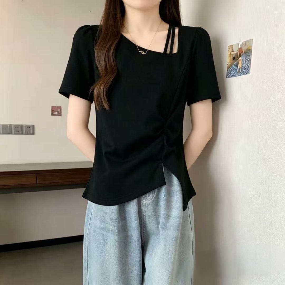 300 근 빅 사이즈 디자인 센스 비스듬한 칼라 홀로우 아웃 긍정적 인 어깨 반팔 티셔츠 여름 지방 mm 표지 배 슬림해 보이는 불규칙 맨위 상세 이미지 3