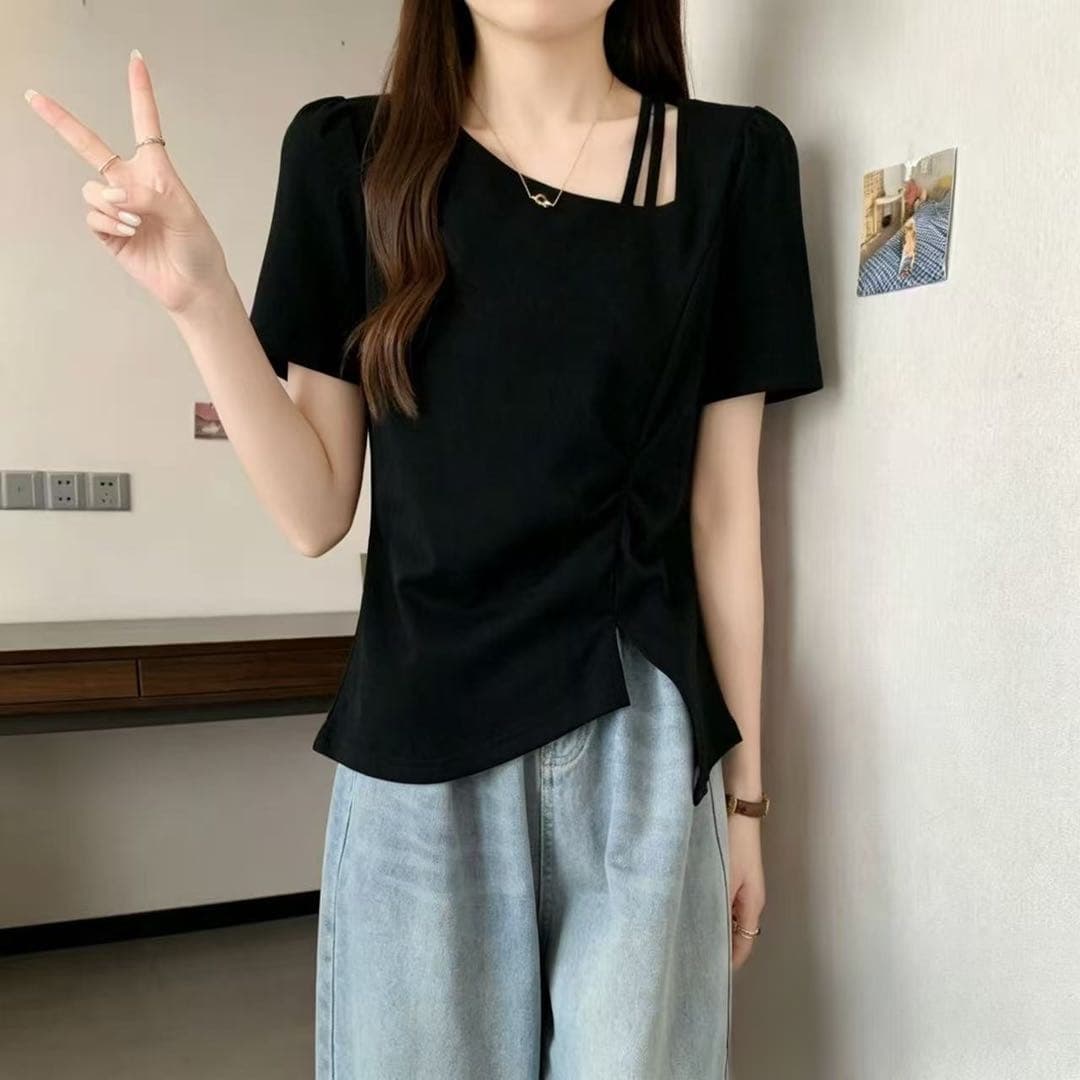 300 근 빅 사이즈 디자인 센스 비스듬한 칼라 홀로우 아웃 긍정적 인 어깨 반팔 티셔츠 여름 지방 mm 표지 배 슬림해 보이는 불규칙 맨위 상세 이미지 4