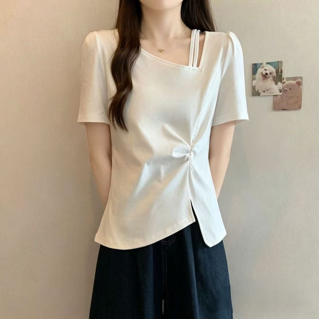 300 근 빅 사이즈 디자인 센스 비스듬한 칼라 홀로우 아웃 긍정적 인 어깨 반팔 티셔츠 여름 지방 mm 표지 배 슬림해 보이는 불규칙 맨위 상세 이미지 5