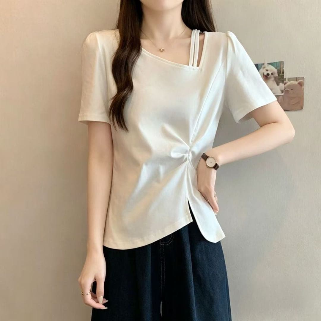 300 근 빅 사이즈 디자인 센스 비스듬한 칼라 홀로우 아웃 긍정적 인 어깨 반팔 티셔츠 여름 지방 mm 표지 배 슬림해 보이는 불규칙 맨위 상세 이미지 6