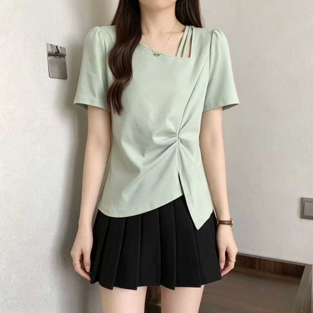 300 근 빅 사이즈 디자인 센스 비스듬한 칼라 홀로우 아웃 긍정적 인 어깨 반팔 티셔츠 여름 지방 mm 표지 배 슬림해 보이는 불규칙 맨위 상세 이미지 7