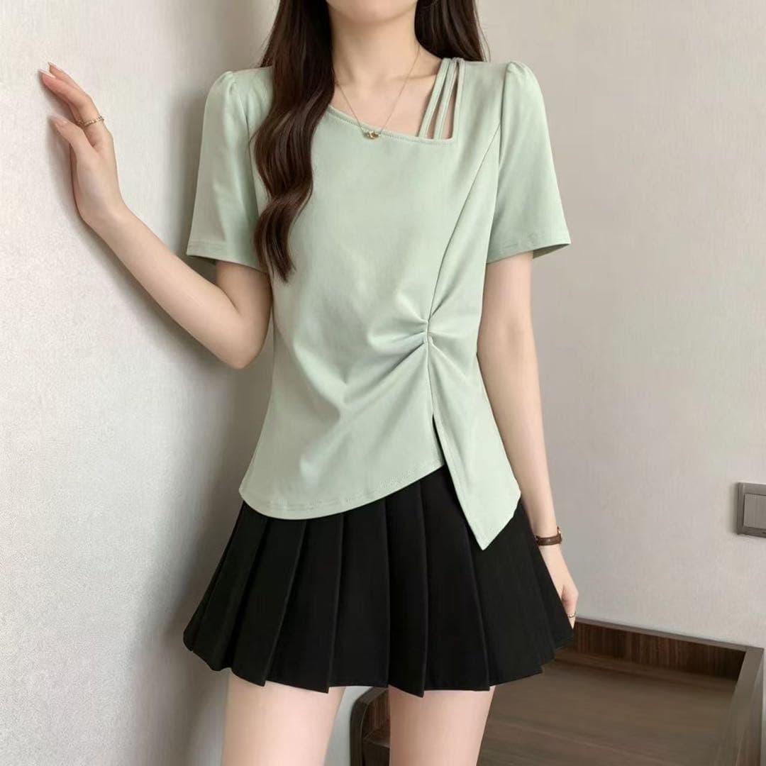 300 근 빅 사이즈 디자인 센스 비스듬한 칼라 홀로우 아웃 긍정적 인 어깨 반팔 티셔츠 여름 지방 mm 표지 배 슬림해 보이는 불규칙 맨위 상세 이미지 9