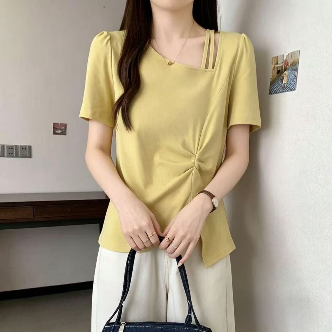300 근 빅 사이즈 디자인 센스 비스듬한 칼라 홀로우 아웃 긍정적 인 어깨 반팔 티셔츠 여름 지방 mm 표지 배 슬림해 보이는 불규칙 맨위 상세 이미지 13