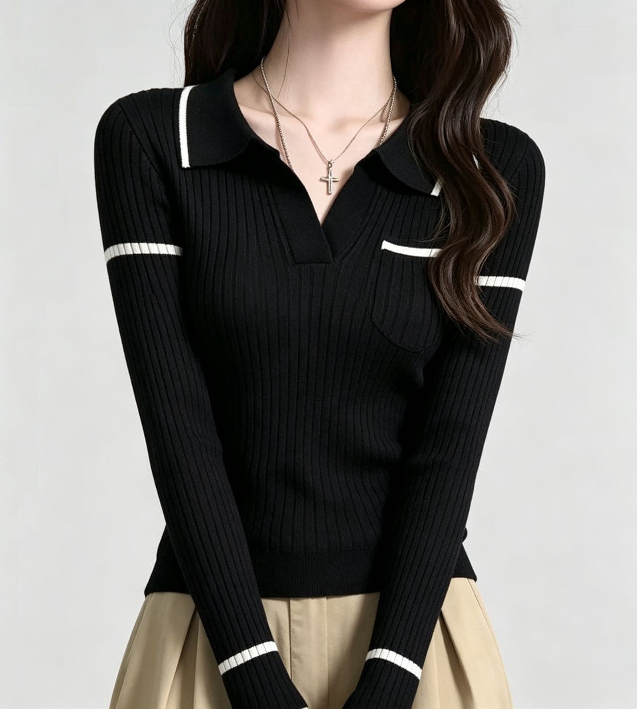 작은 샤넬 스타일 화이트 POLO 칼라 긍정적 인 어깨 긴팔 니트 스웨터 여성 가을 겨울 몸매 가꾸기 부드러운 찹쌀 스웨터 인사이드 가져 가라. 만나는 맨위 이미지 4