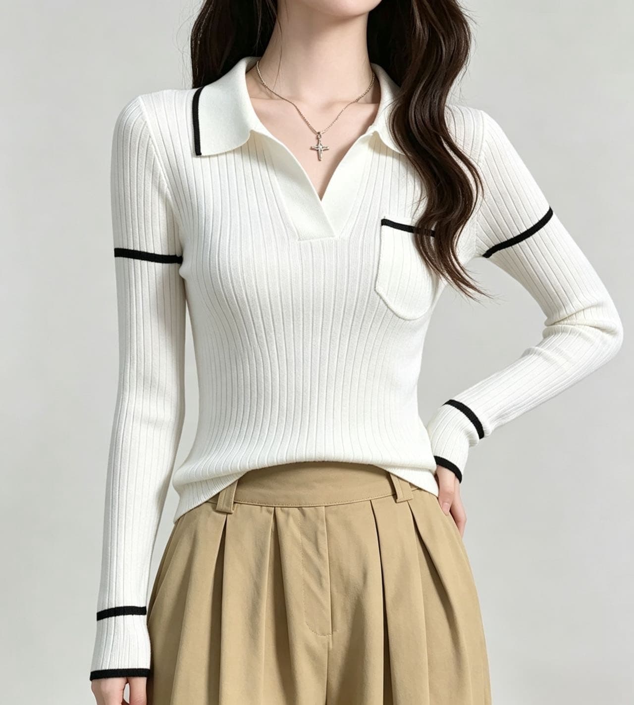 작은 샤넬 스타일 화이트 POLO 칼라 긍정적 인 어깨 긴팔 니트 스웨터 여성 가을 겨울 몸매 가꾸기 부드러운 찹쌀 스웨터 인사이드 가져 가라. 만나는 맨위 상세 이미지 1