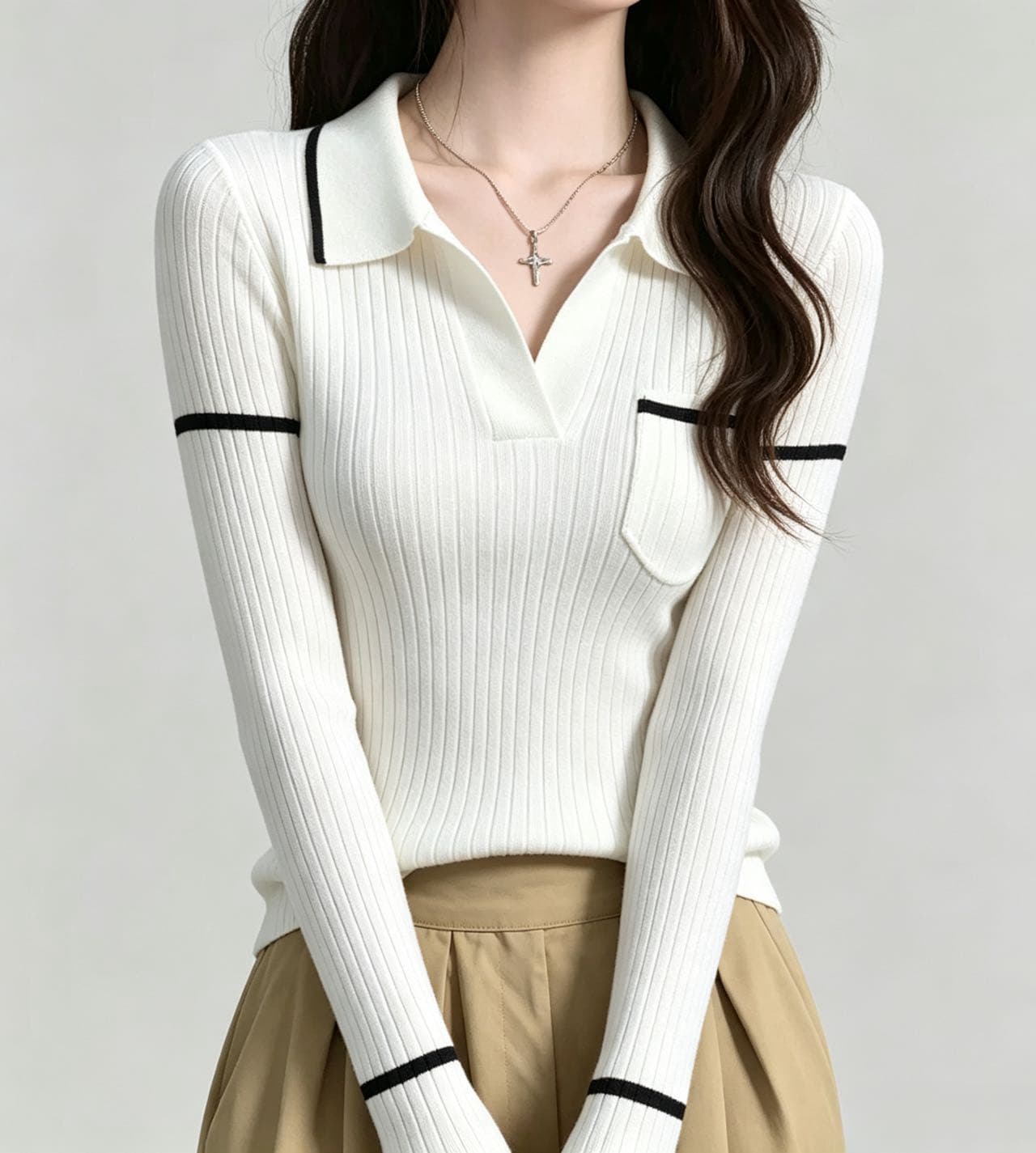 작은 샤넬 스타일 화이트 POLO 칼라 긍정적 인 어깨 긴팔 니트 스웨터 여성 가을 겨울 몸매 가꾸기 부드러운 찹쌀 스웨터 인사이드 가져 가라. 만나는 맨위 상세 이미지 2