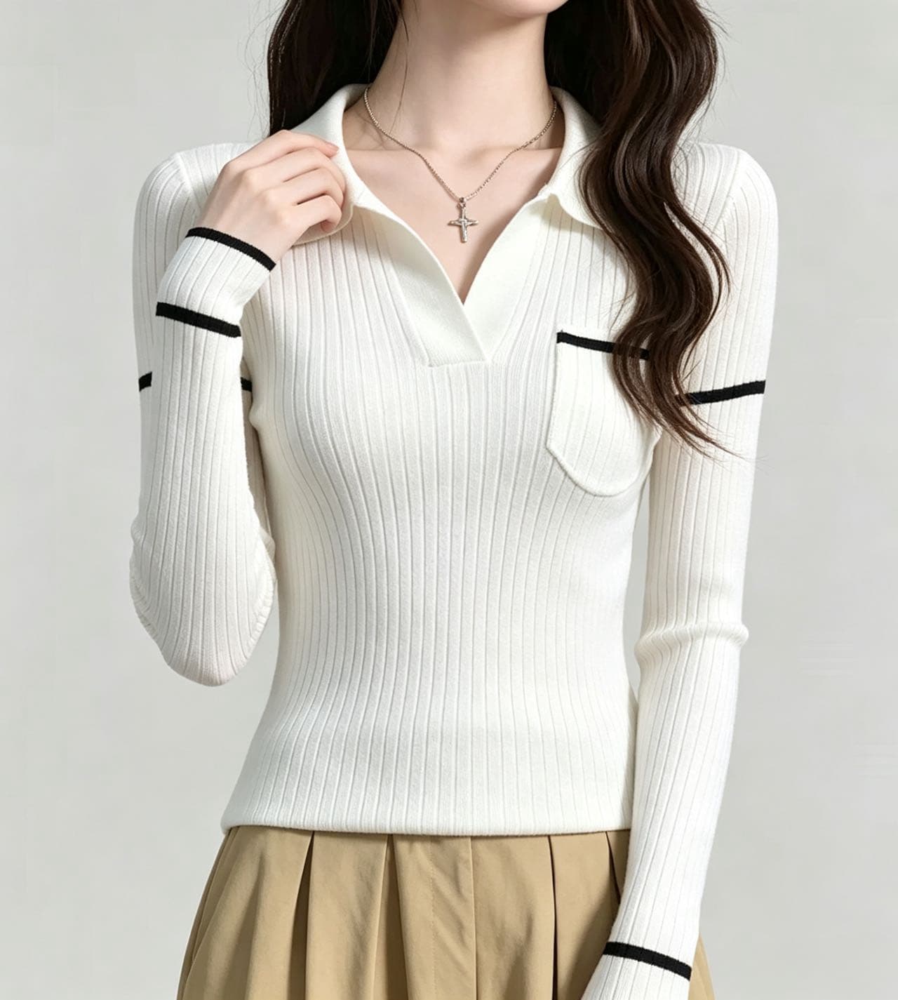 작은 샤넬 스타일 화이트 POLO 칼라 긍정적 인 어깨 긴팔 니트 스웨터 여성 가을 겨울 몸매 가꾸기 부드러운 찹쌀 스웨터 인사이드 가져 가라. 만나는 맨위 상세 이미지 3