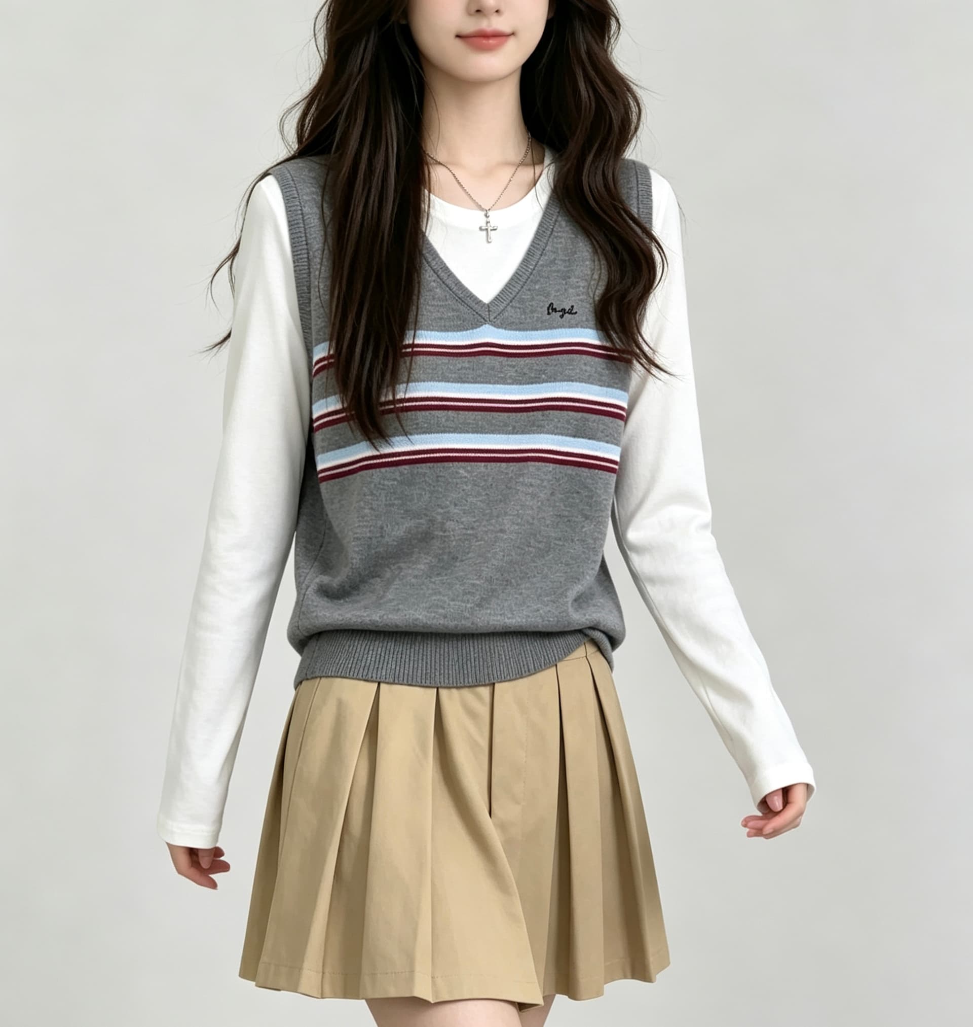 학원 스타일 배색 스트라이프 라운드 넥 페이크 레이어드 얼음 실크 긴팔 니트 스웨터 여성 여름 다용도 디자인 센스 맨위 상세 이미지 8