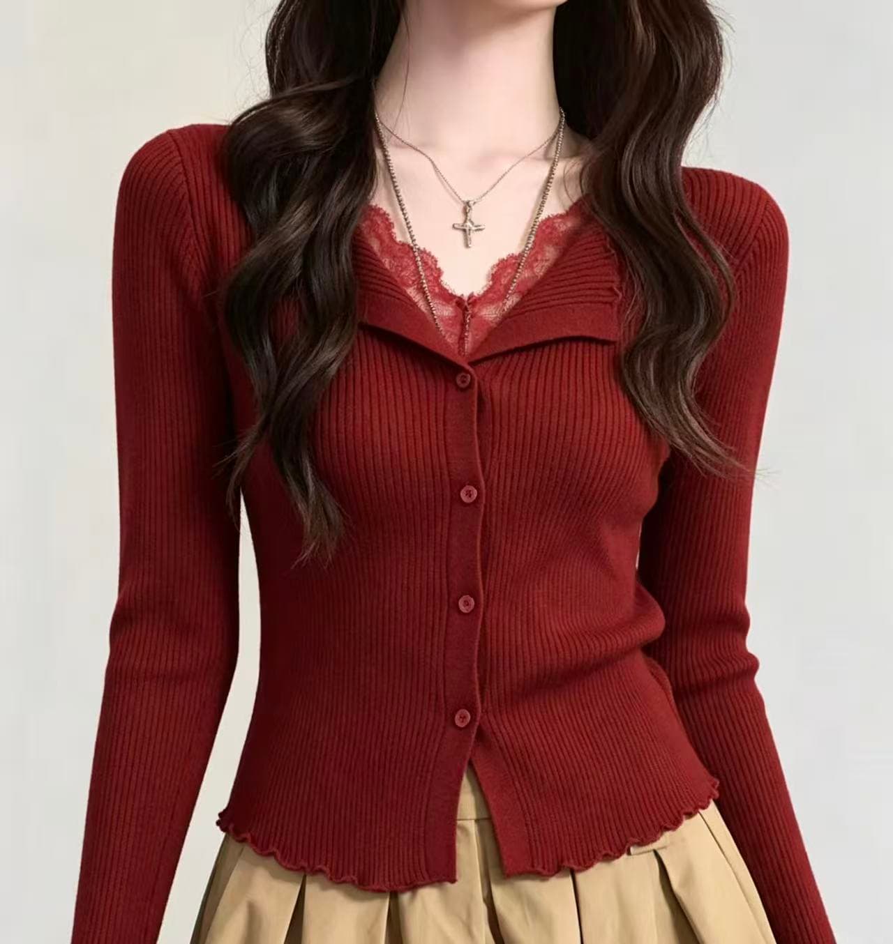프랑스식 부드러운 레이스 조각 V넥 프릴 니트 기본 셔츠 맨위 여성 앤디 플러시 몸매 가꾸기 인사이드 가져 가라. 스웨터 이미지 3