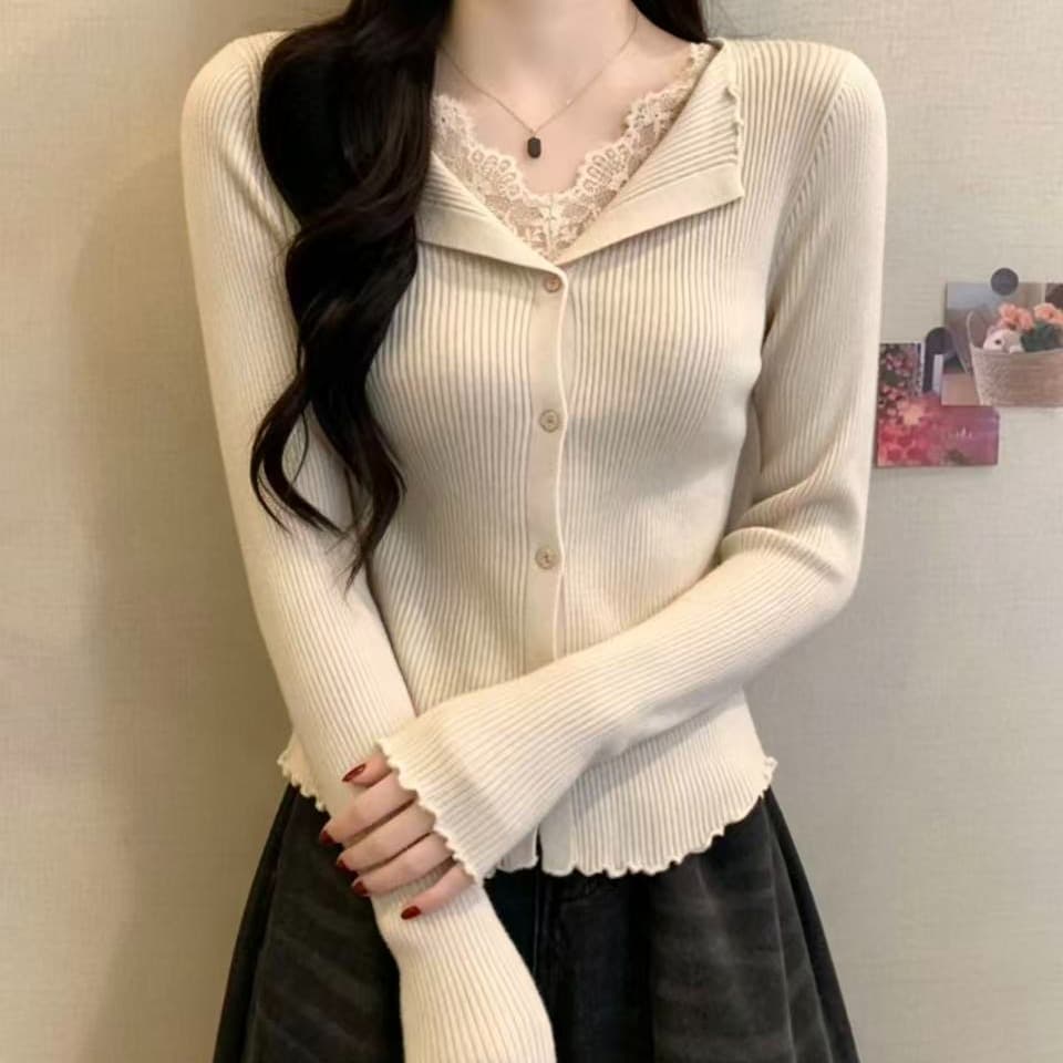 프랑스식 부드러운 레이스 조각 V넥 프릴 니트 기본 셔츠 맨위 여성 앤디 플러시 몸매 가꾸기 인사이드 가져 가라. 스웨터 이미지 5