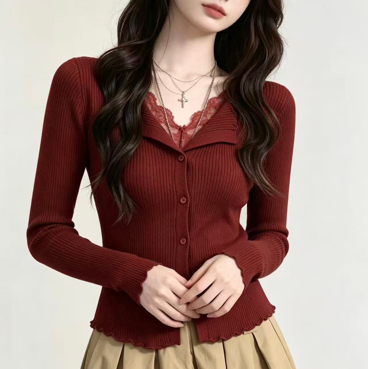 프랑스식 부드러운 레이스 조각 V넥 프릴 니트 기본 셔츠 맨위 여성 앤디 플러시 몸매 가꾸기 인사이드 가져 가라. 스웨터 상세 이미지 3