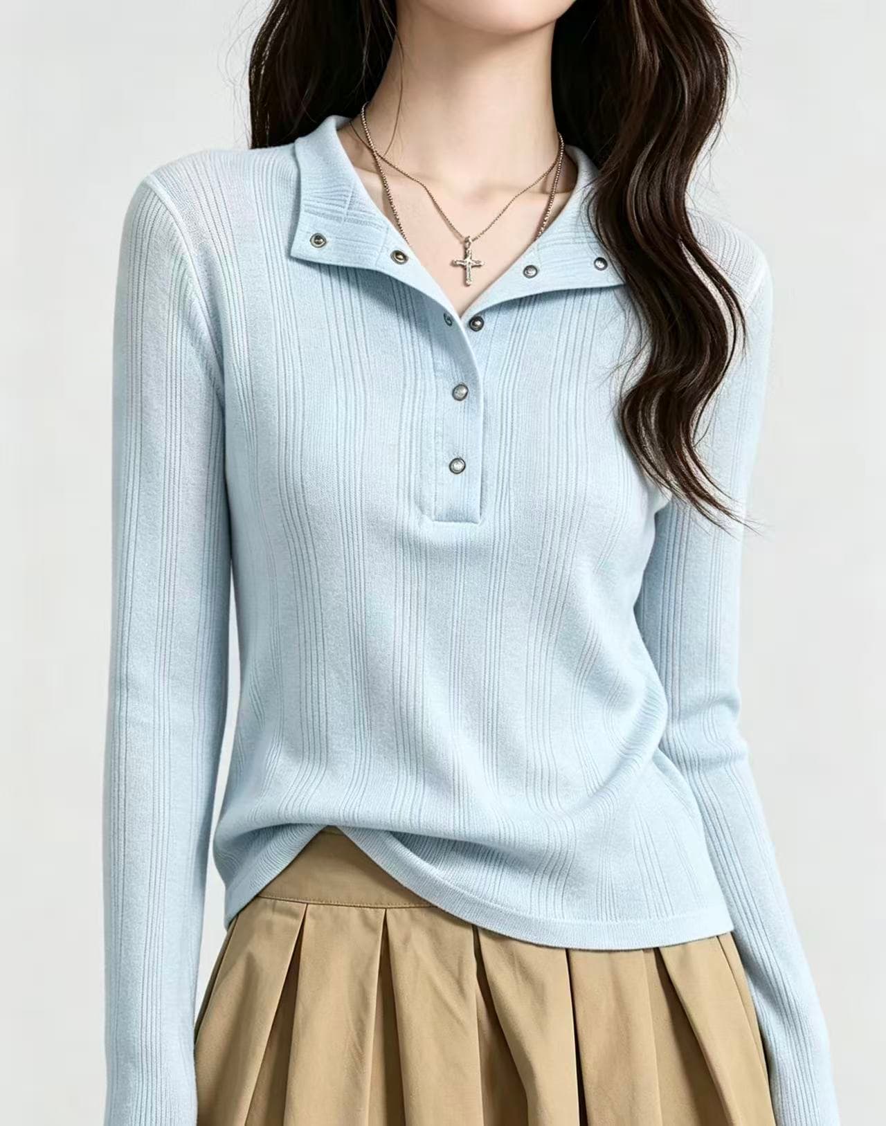 파란색 헨리 칼라 긴팔 티셔츠 여성 조기 가을 디자인 센스 몸매 가꾸기 슬림해 보이는 부드러운 순수한 욕망 외출용 만나는 맨위