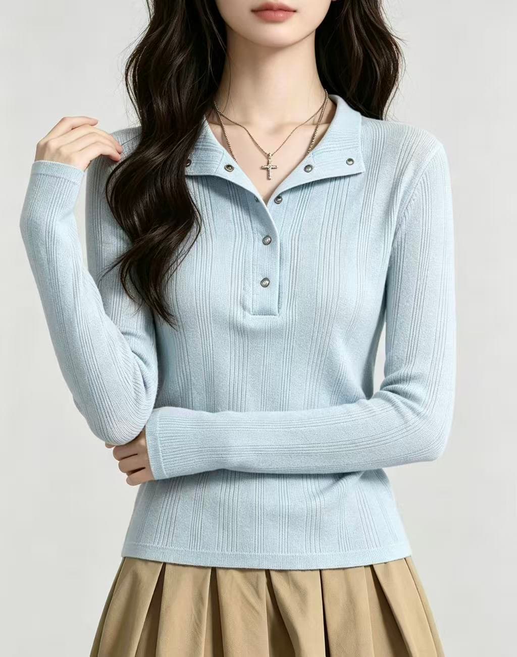 파란색 헨리 칼라 긴팔 티셔츠 여성 조기 가을 디자인 센스 몸매 가꾸기 슬림해 보이는 부드러운 순수한 욕망 외출용 만나는 맨위 이미지 3