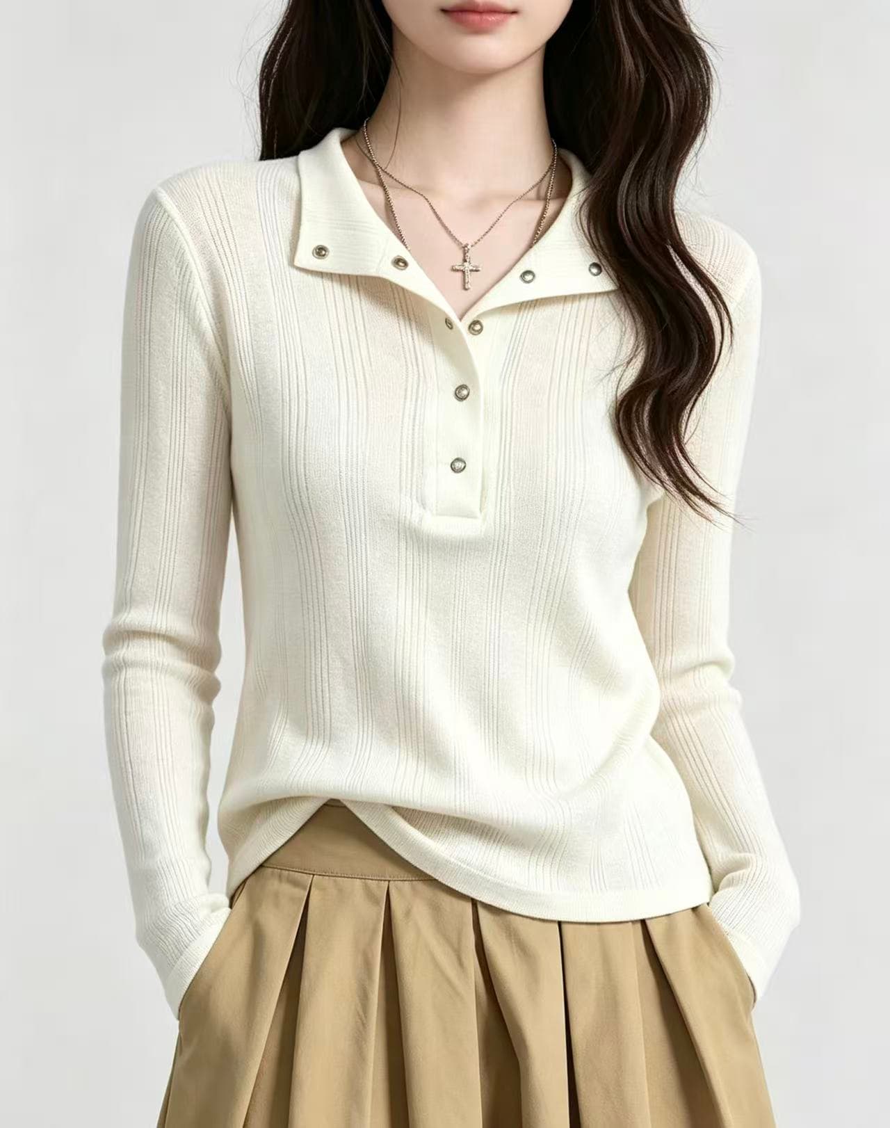 파란색 헨리 칼라 긴팔 티셔츠 여성 조기 가을 디자인 센스 몸매 가꾸기 슬림해 보이는 부드러운 순수한 욕망 외출용 만나는 맨위 이미지 2