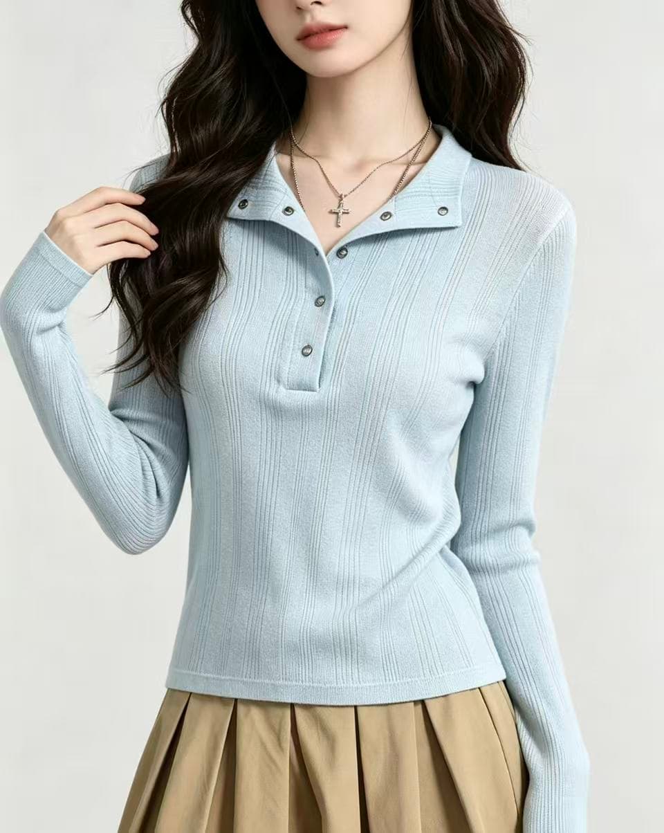 파란색 헨리 칼라 긴팔 티셔츠 여성 조기 가을 디자인 센스 몸매 가꾸기 슬림해 보이는 부드러운 순수한 욕망 외출용 만나는 맨위 상세 이미지 6