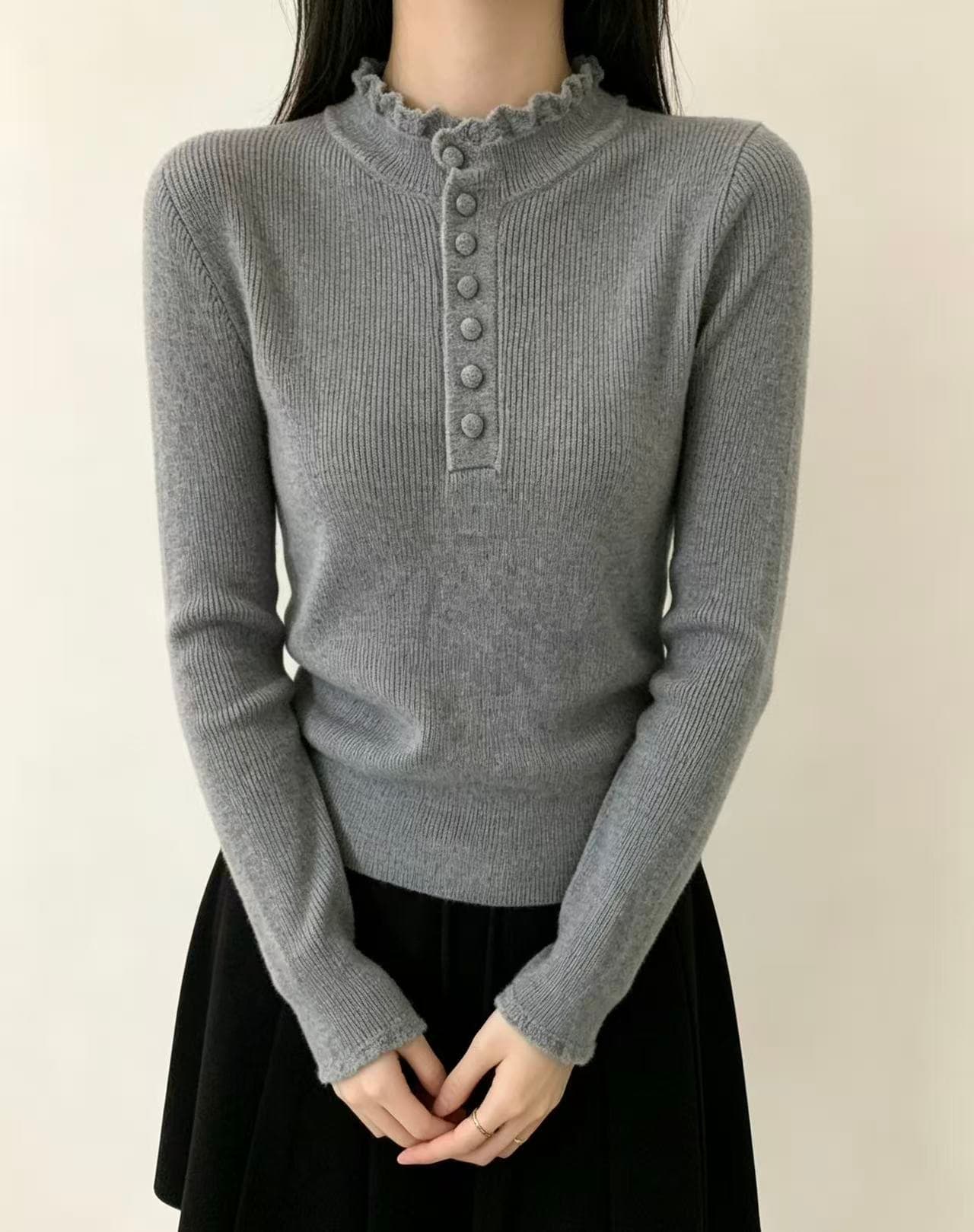 한 부서 회색 레이스 반하이넥 니트 기본 셔츠 여성 가을 겨울 디자인 센스 작은 대중 스웨터 인사이드 가져 가라. 긴팔 맨위 상세 이미지 2