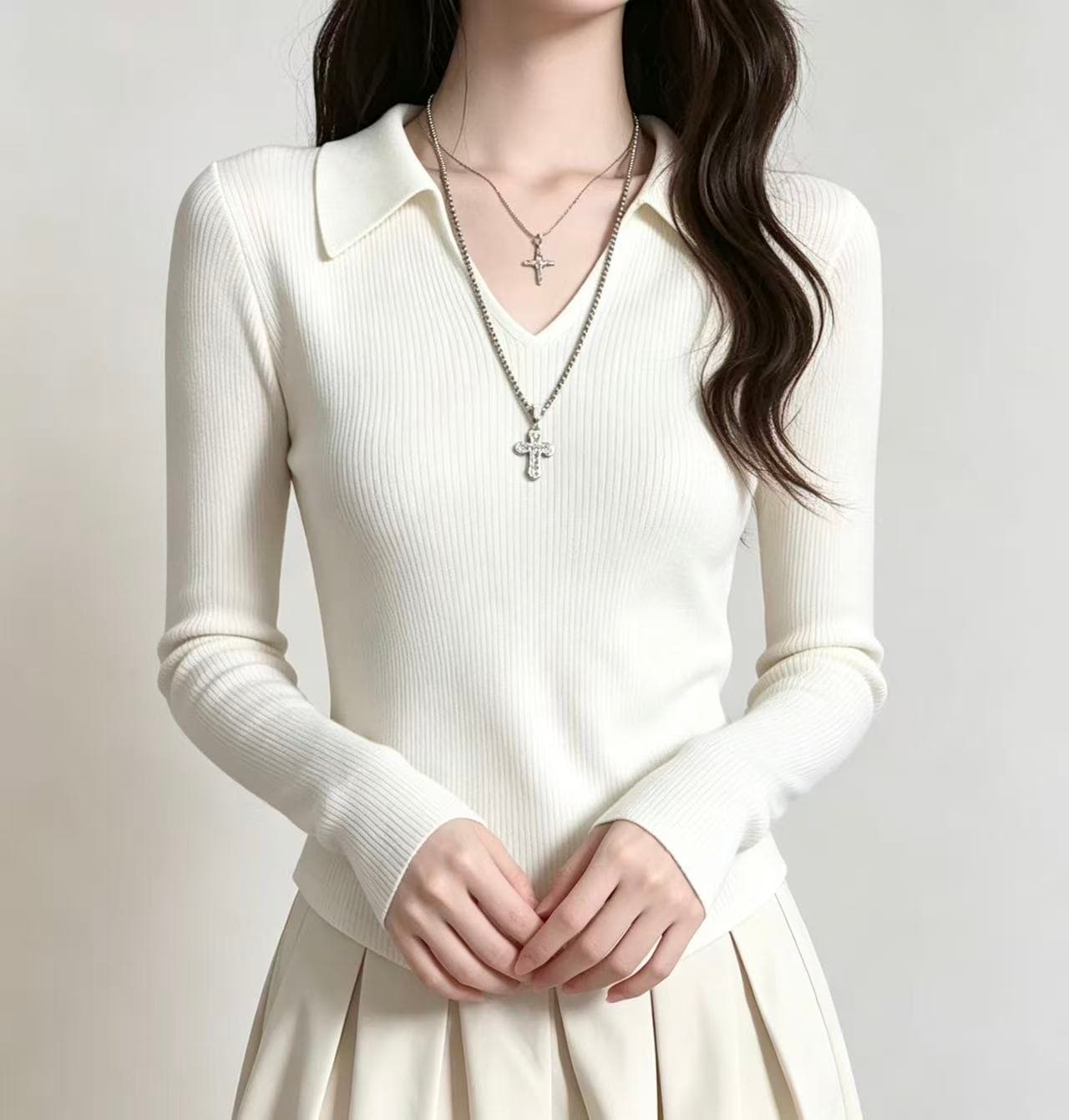 POLO 칼라 니트 스웨터 여성 2026 가을 새로운 얇은 스타일 인사이드 가져 가라. 스웨터 몸매 가꾸기 가을 겨울 V넥 맨위 기본 셔츠 상세 이미지 7