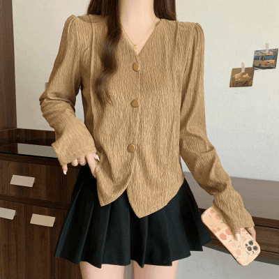 작은 샤넬 스타일 V넥 긴팔 여성 셔츠 이른 가을 빅 사이즈 마이크로 지방 mm 슬림해 보이는 슈퍼 외국 가스 쇼트 스타일 유럽 상품 작은 셔츠 이미지 4