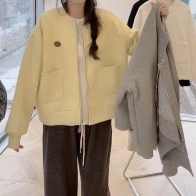 빅 사이즈 여성 의류 가을 의상 새로운 2025 년 한국 스타일 품격 캐주얼 라운드 넥 긴팔 오픈 가디건 지퍼 후드티 재킷 트렌디