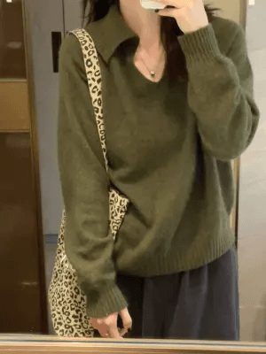 레트로 녹색 스웨터 여자 가을 겨울철 인사이드 가져 가라. 기본 셔츠 2025 새로운 느긋한 고급 센스 루즈핏 니트 맨위 상세 이미지 3