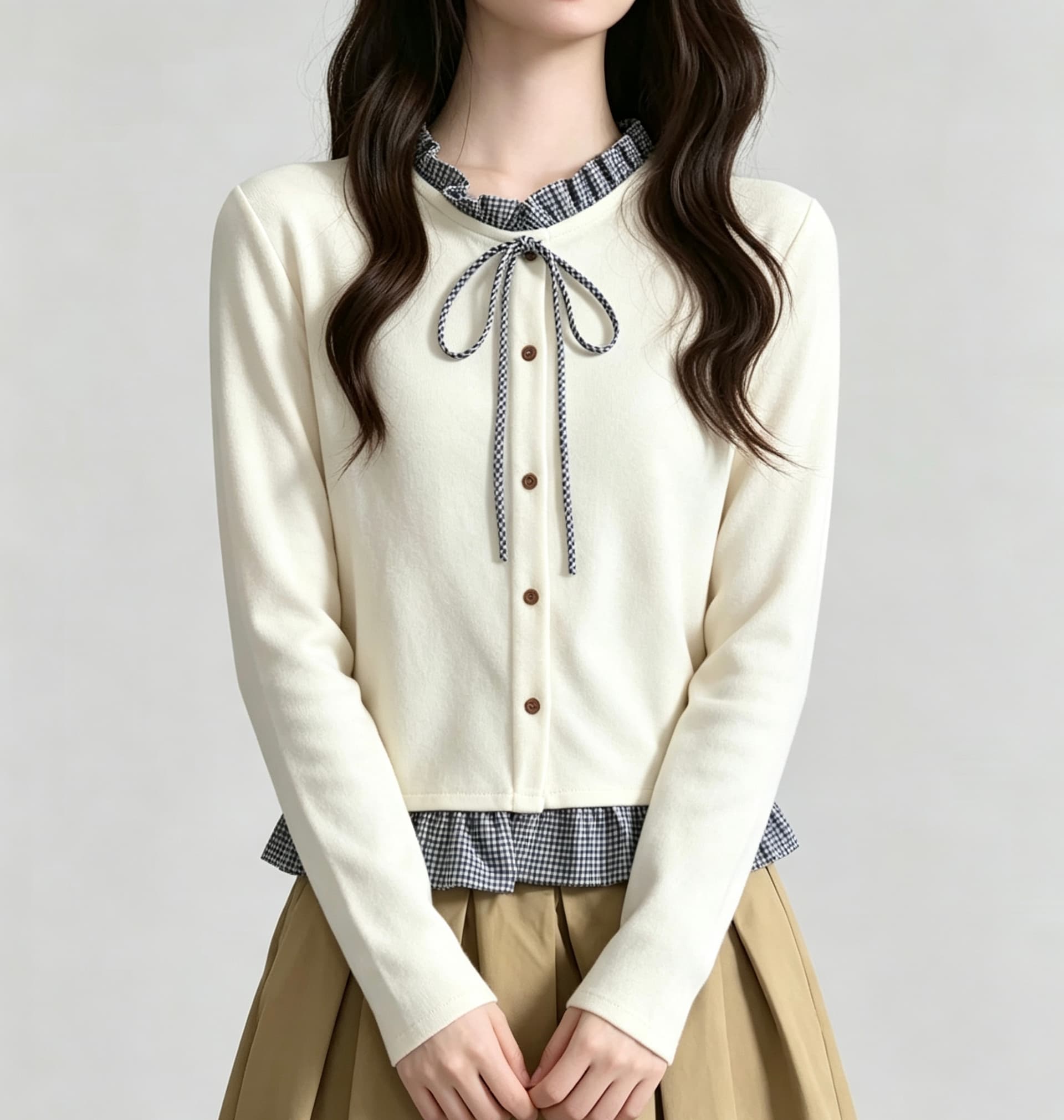 빅 사이즈 여성 의류 표지 배 프릴 패치워크 페이크 레이어드 V 넥 셔츠 봄 가을 지방 mm 슬림해 보이는 나비 매듭 맨위 상세 이미지 3