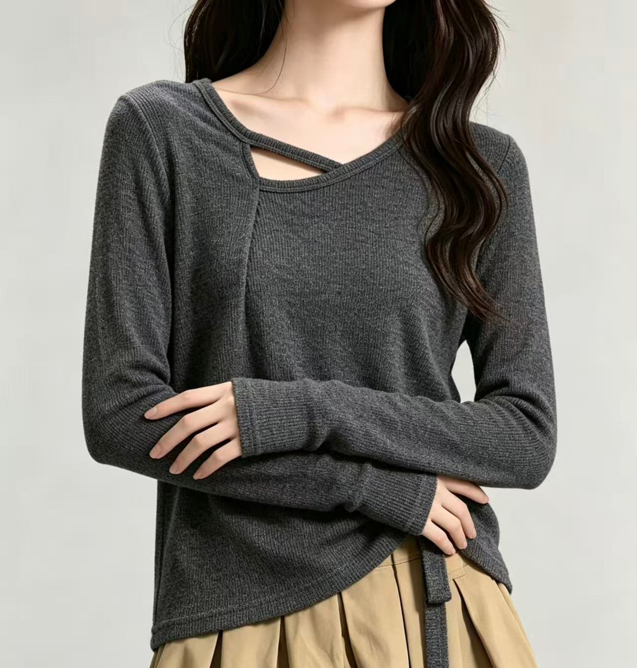 빅 사이즈 불규칙 긴팔 티셔츠 여성 가을 인사이드 가져 가라. 지방 mm 슬림해 보이는 루즈핏 디자인 센스 작은 대중 기본 셔츠 맨위 상세 이미지 7