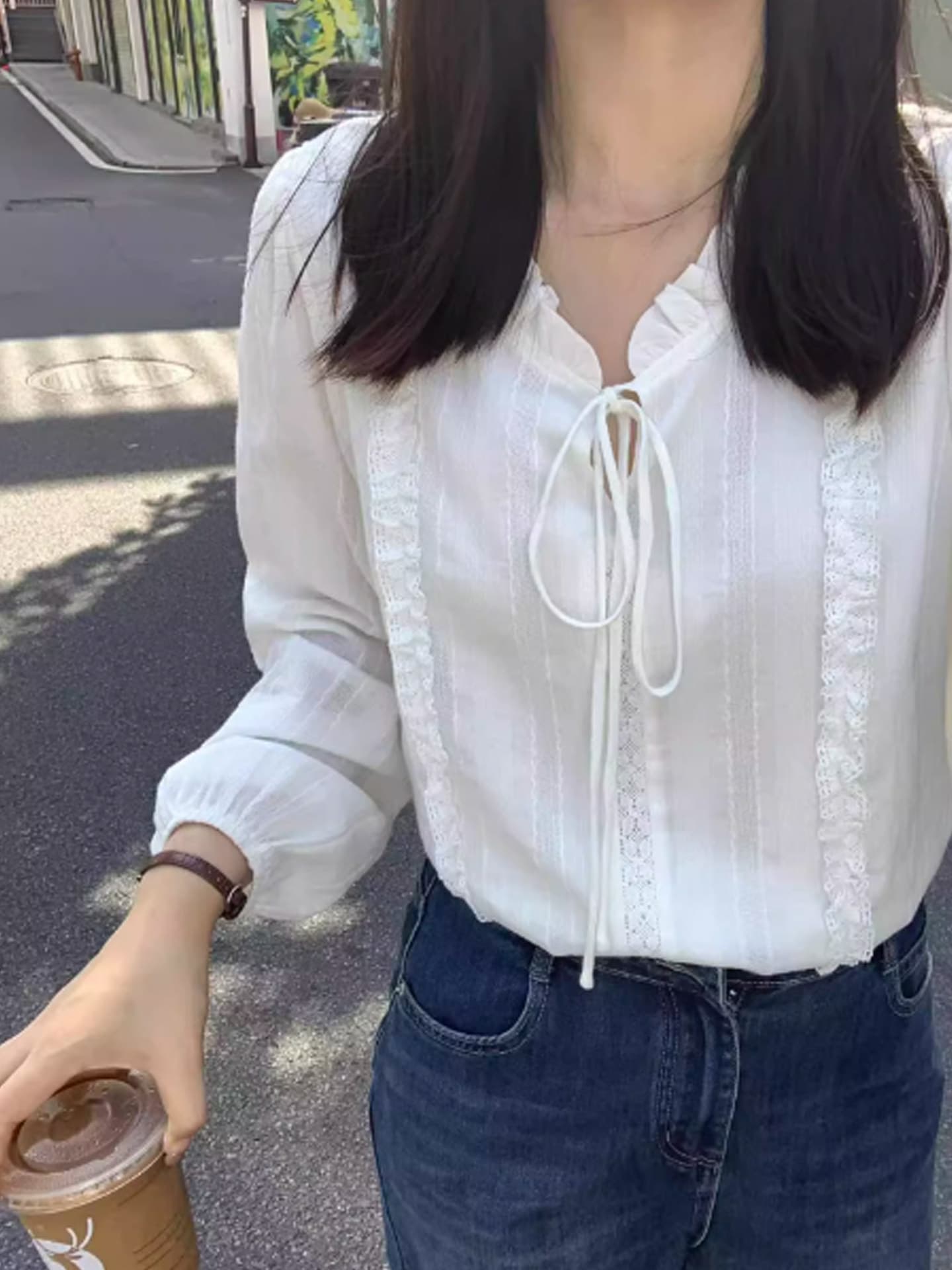 프랑스식 부드러운 바람 화이트 레이스업 여성 셔츠 이른 가을 한 부서 품격 연령 감소 셔츠 출퇴근 경력 다용도 맨위 상세 이미지 4