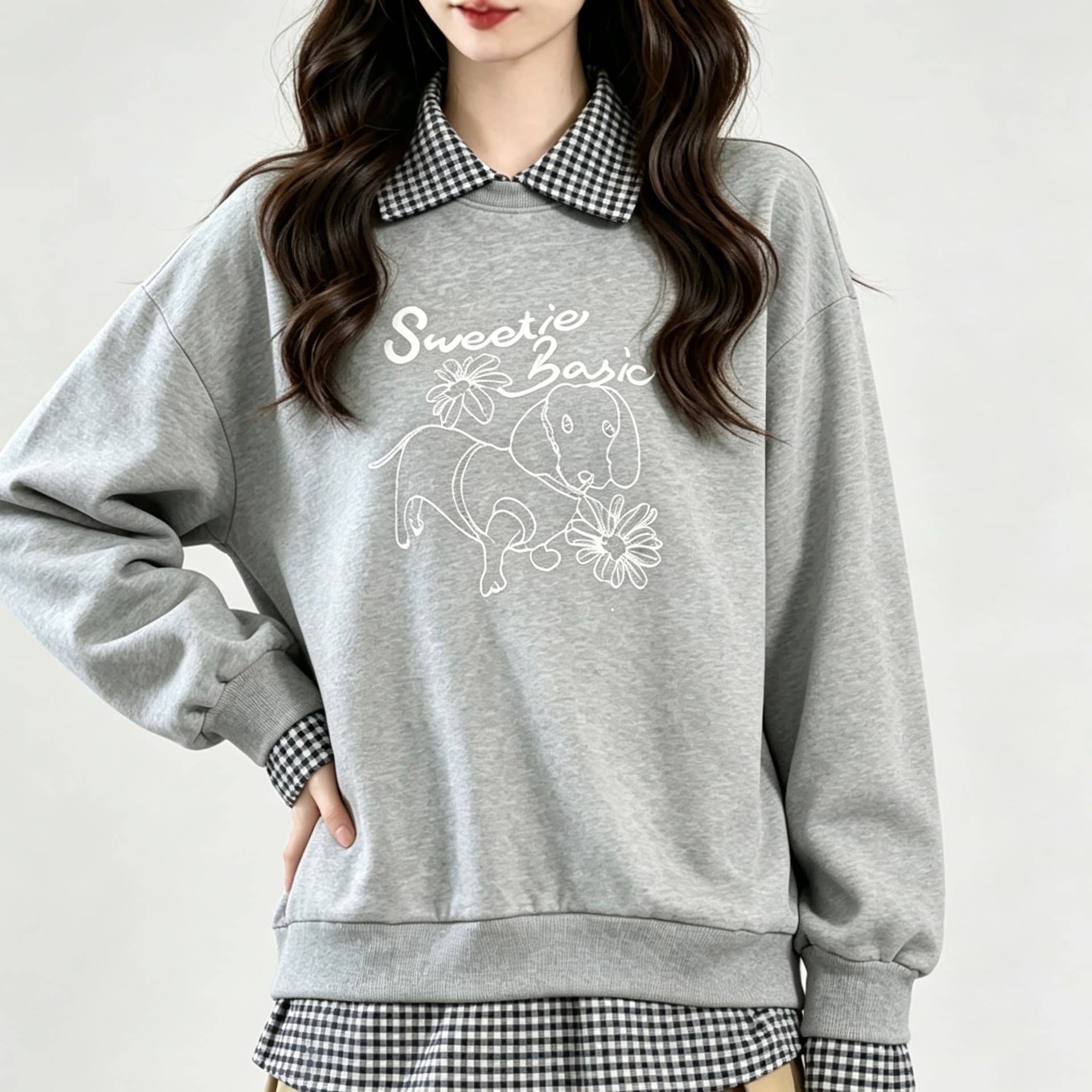 디자인 센스 작은 대중 긴팔 POLO 칼라 페이크 레이어드 패치워크 후드티 여성 루즈핏 빅 사이즈 느긋한 바람 알파벳 맨위 트렌디 이미지 5
