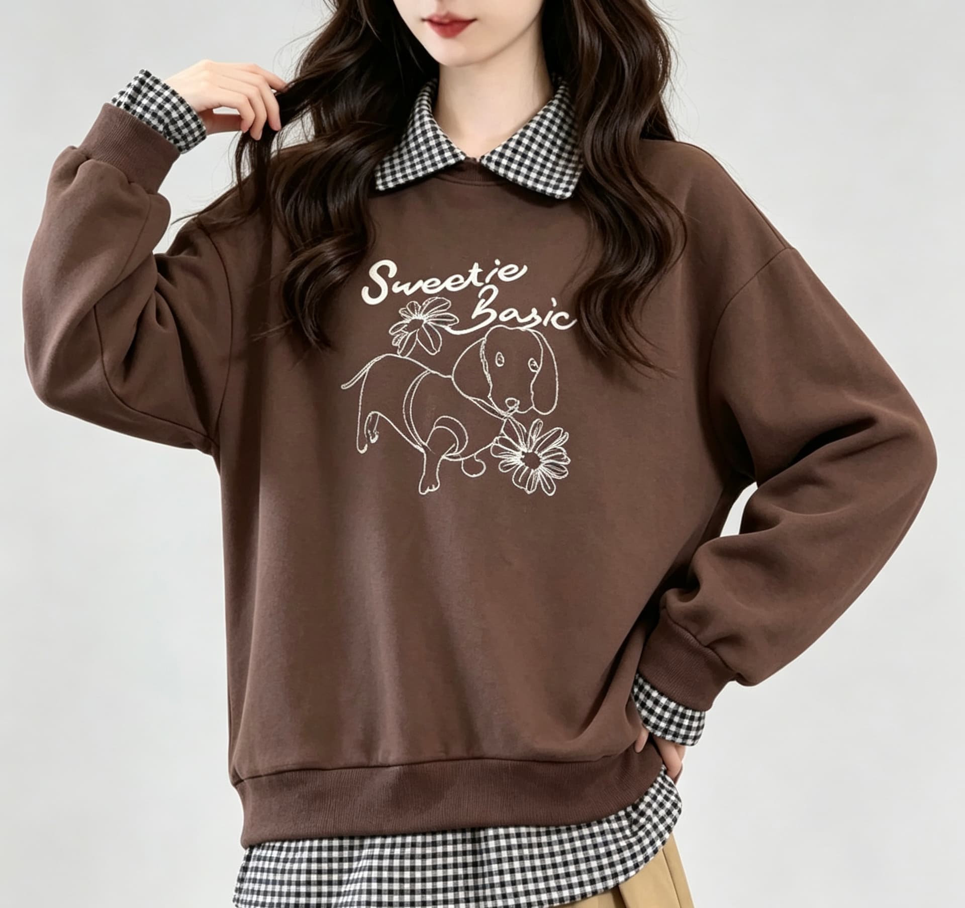 디자인 센스 작은 대중 긴팔 POLO 칼라 페이크 레이어드 패치워크 후드티 여성 루즈핏 빅 사이즈 느긋한 바람 알파벳 맨위 트렌디 상세 이미지 6