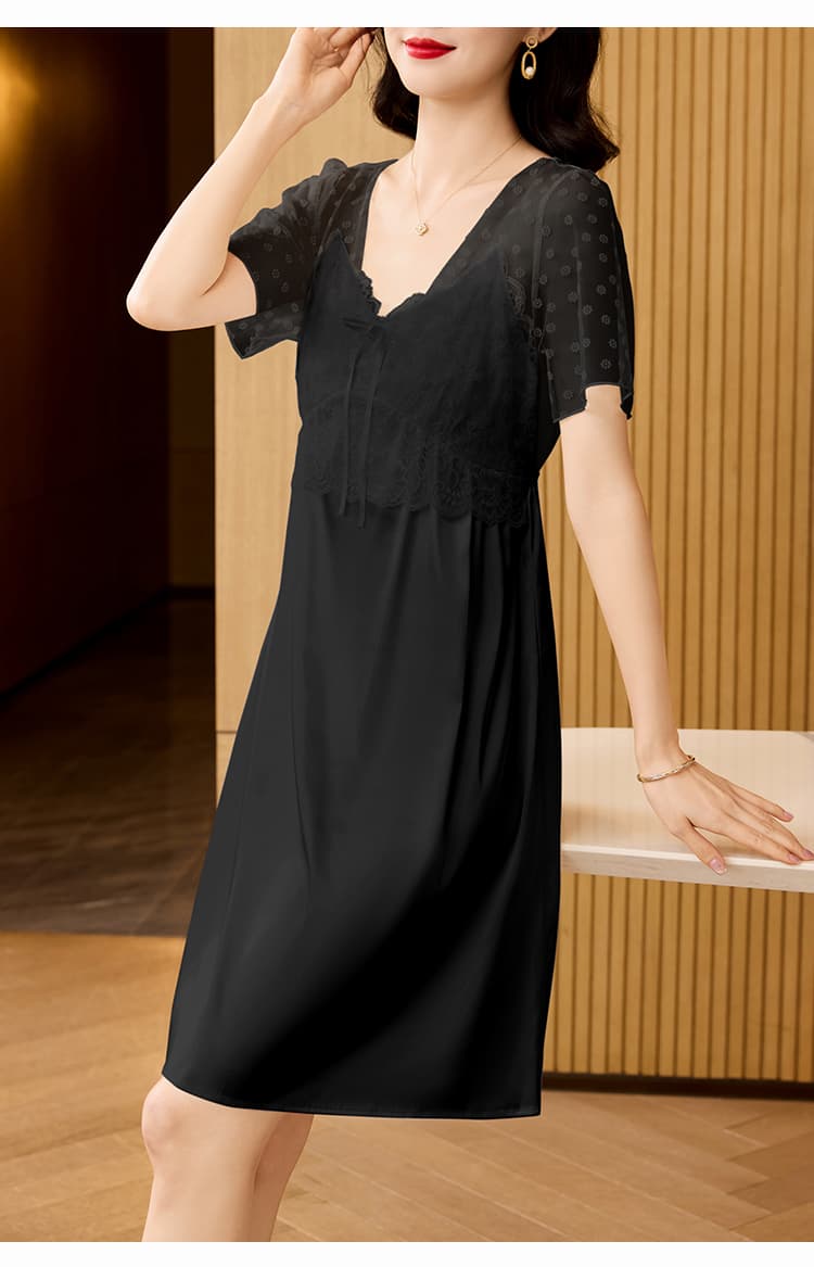 실사 2026 새로운 여름 달콤함 V넥 레이스 자수 망사 Feifei 소매 반팔 얼음 실크 나이트 드레스 여성 상세 이미지 15
