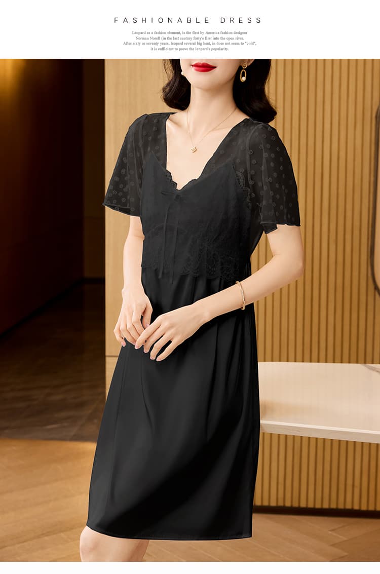 실사 2026 새로운 여름 달콤함 V넥 레이스 자수 망사 Feifei 소매 반팔 얼음 실크 나이트 드레스 여성 상세 이미지 16