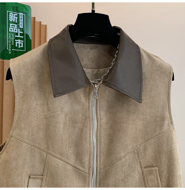 실사 가을 새로운 스웨이드 원단 배색 가죽 폴로 칼라 베스트 여성 레저 다용도 스택 착용 조끼 외부 잡아라. 의류 상세 이미지 19
