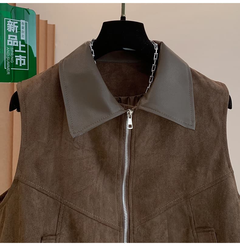 실사 가을 새로운 스웨이드 원단 배색 가죽 폴로 칼라 베스트 여성 레저 다용도 스택 착용 조끼 외부 잡아라. 의류 상세 이미지 29