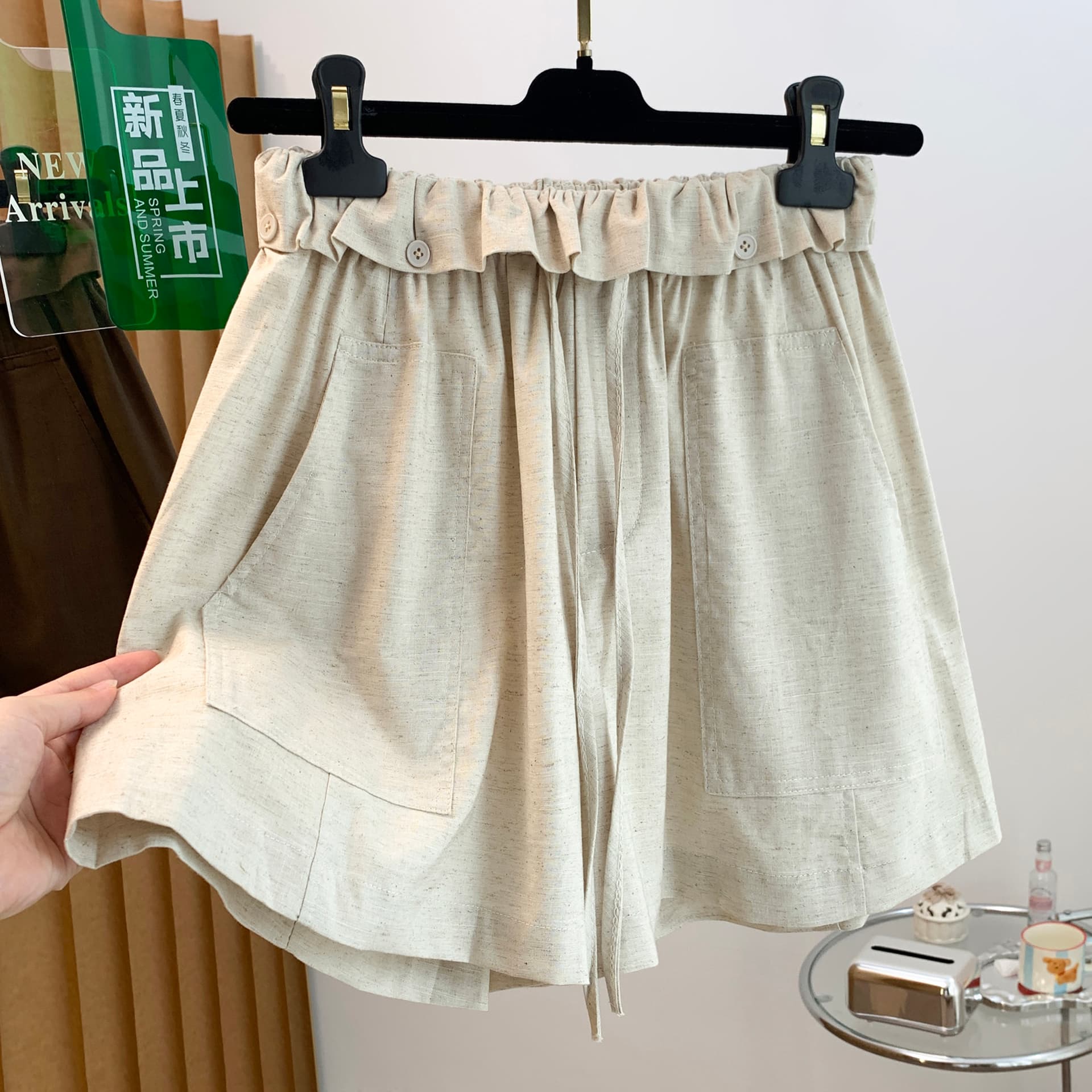 실사 레이스 허리 머리 아마 반바지 여성 여름 새로운 루즈핏 슬림해 보이는 다용도 넓은 다리 캐주얼 바지